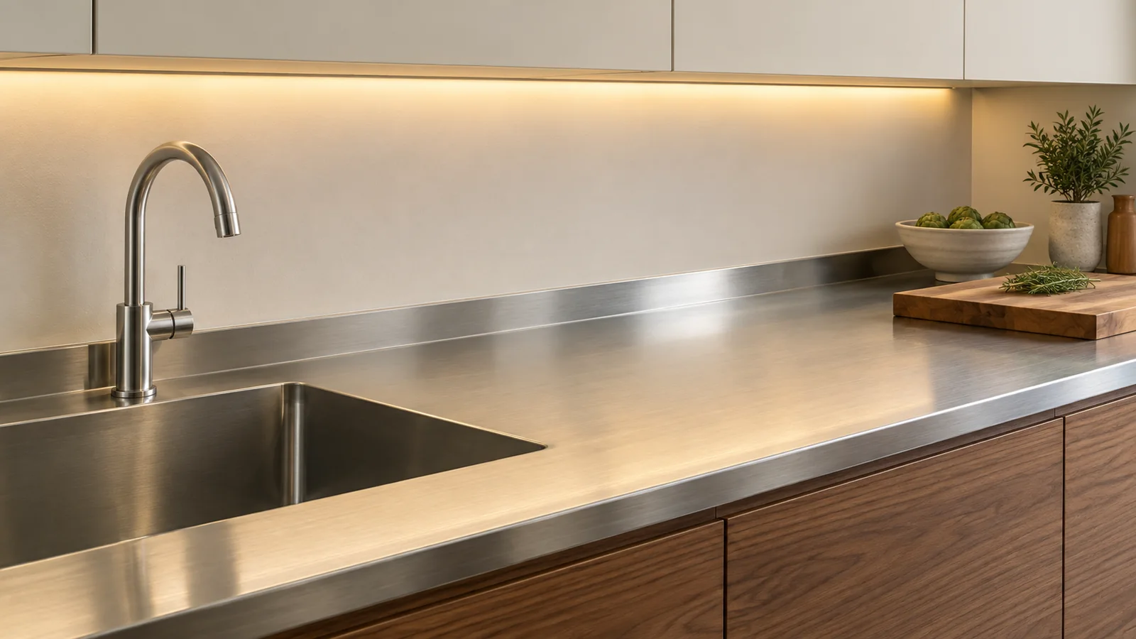 Close view of a brushed stainless worktop reflecting a diffused linear light below cream wall cabinets.