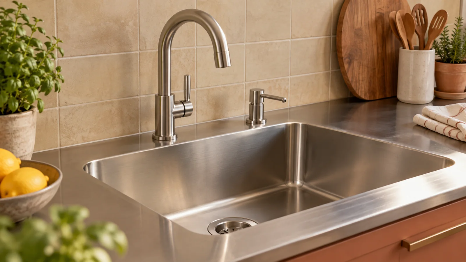 Close view of a mixer tap and soap-dispenser pump spaced along the rear deck of a stainless-steel sink.