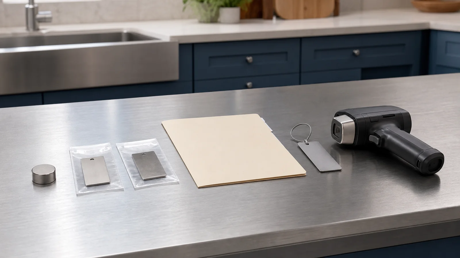 Magnet, retained stainless coupons, blank records and alloy analyser arranged on a residential kitchen worktop
