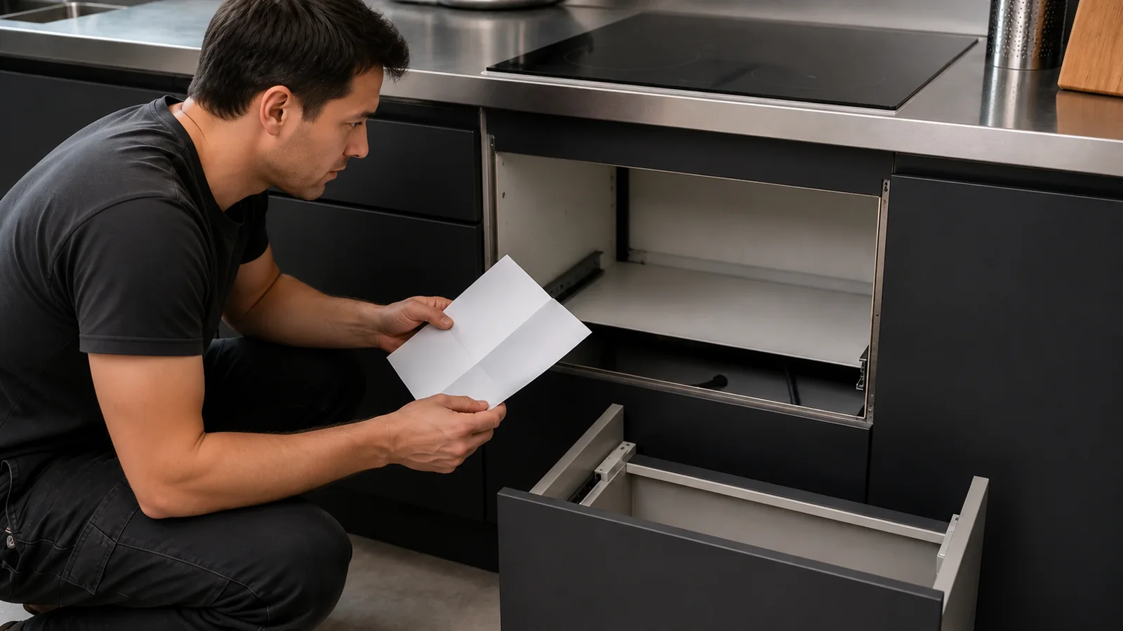 Installer checking an open cabinet bay beneath an induction cooktop set into a stainless-steel worktop