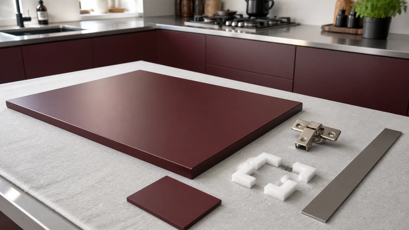 Removed flat burgundy cabinet front with matching sample, concealed hinge, straightedge and protective packing