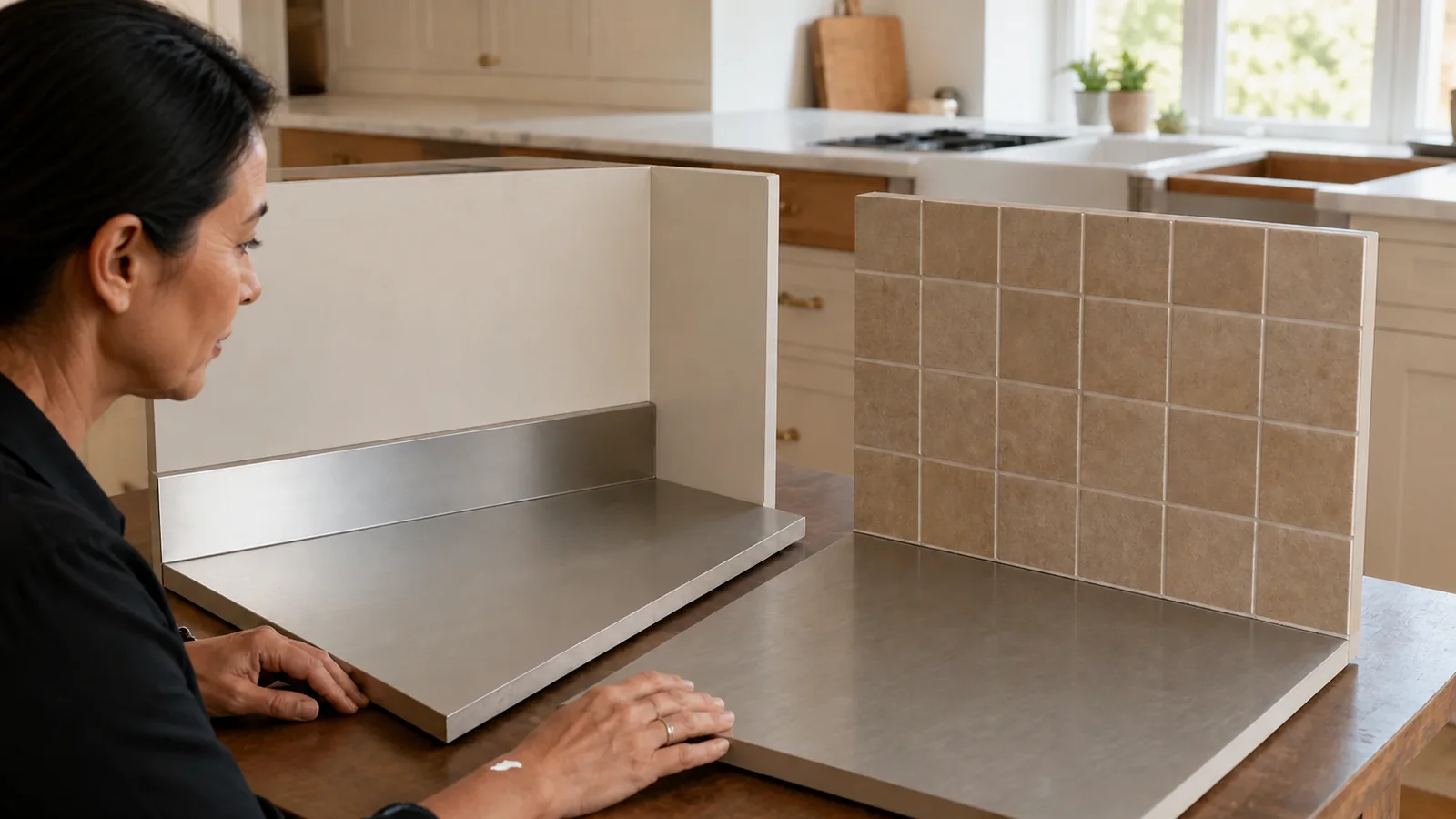 Designer comparing two residential corner mockups for an integrated metal upstand and a separate tiled backsplash joint