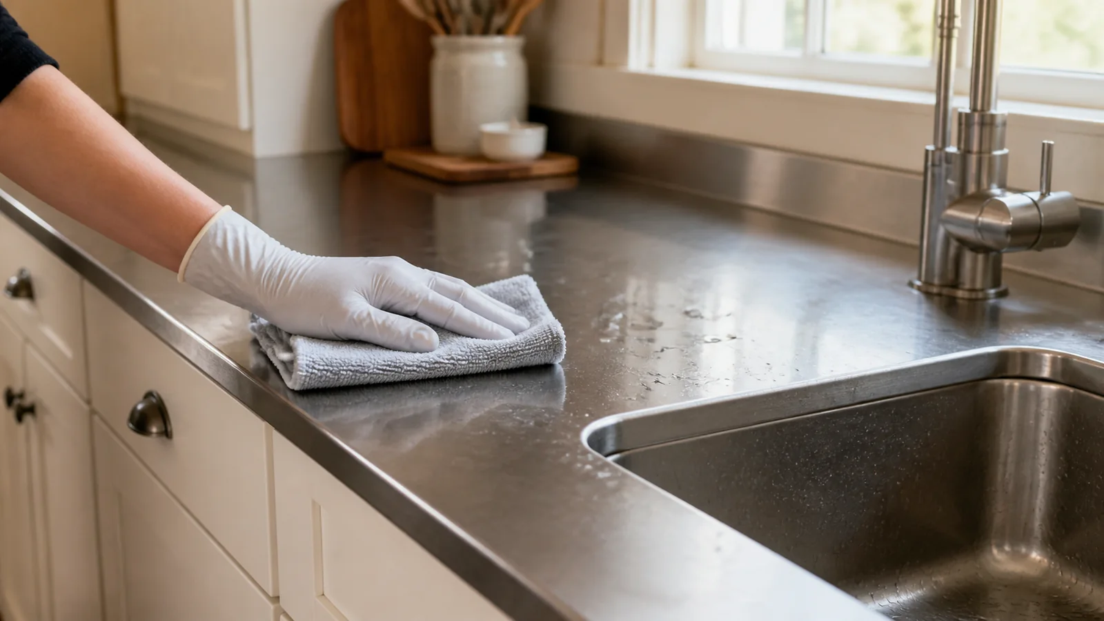 Gloved hand rinsing and drying a brushed stainless-steel worktop beside an integrated sink