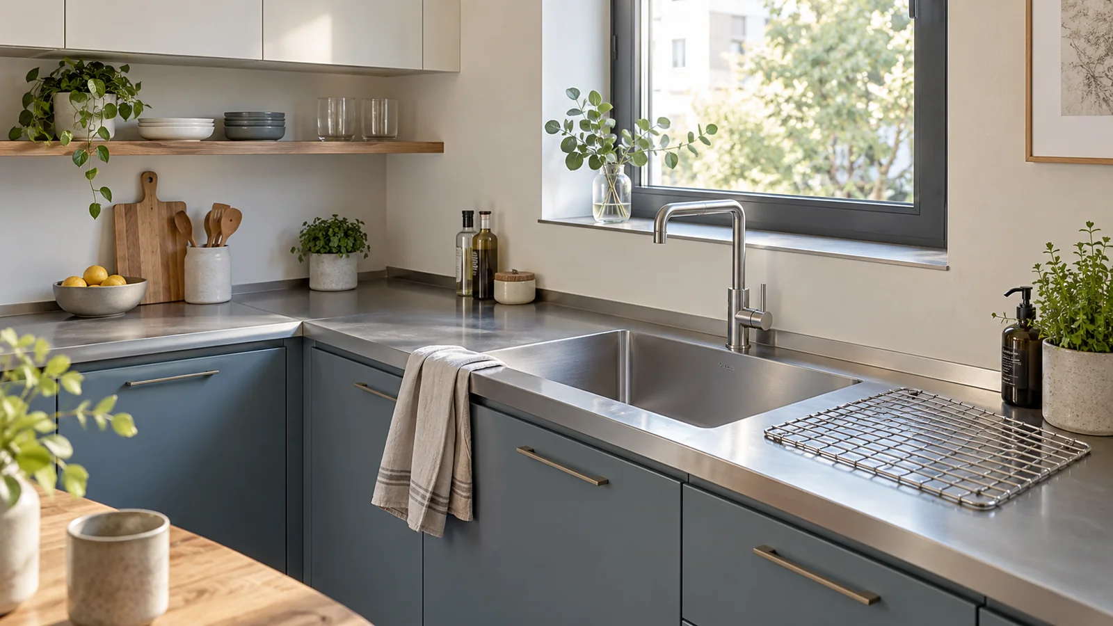 Blue-grey residential cabinet fronts beneath a stainless-steel worktop and rectangular sink.