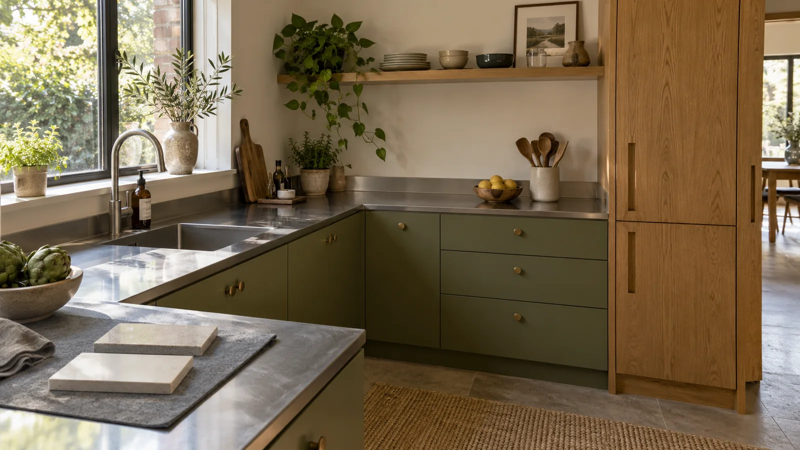 Stainless steel worktop above muted green kitchen fronts, with two pale material samples on the surface.