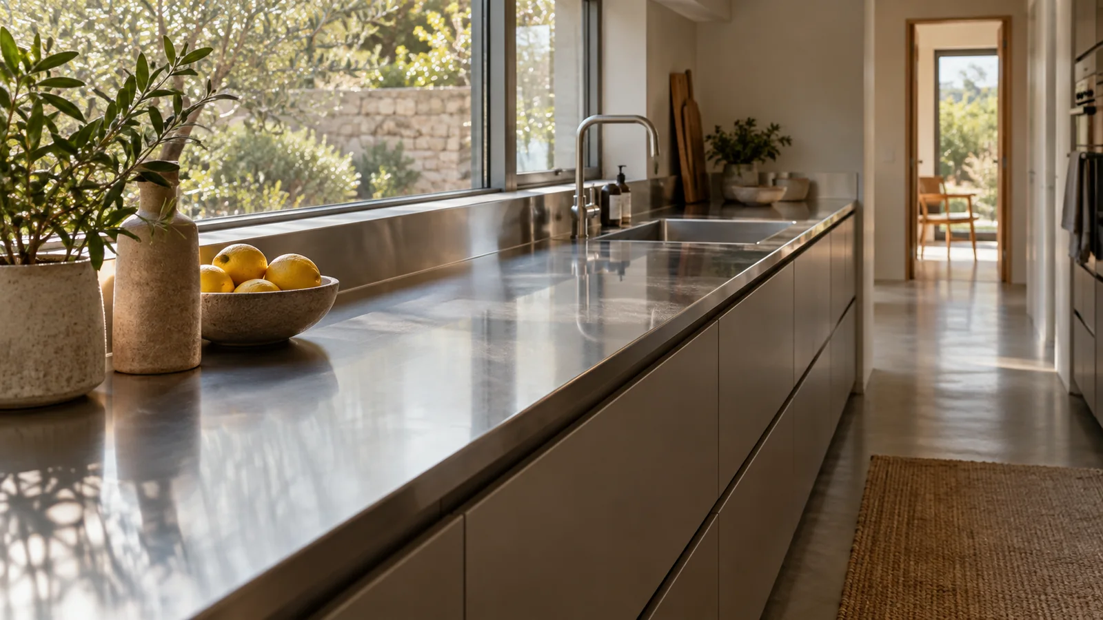 Daylight reflects along a stainless steel worktop above warm-grey kitchen drawers.