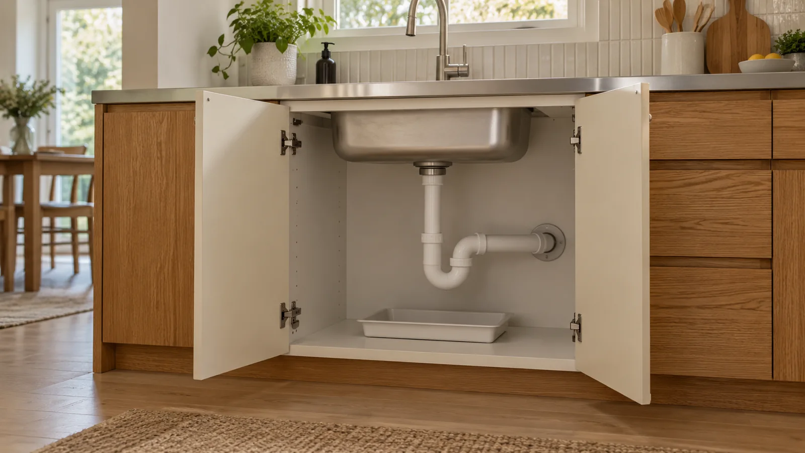 Open pale kitchen cabinet below an integrated stainless steel sink, with the waste pipe accessible.