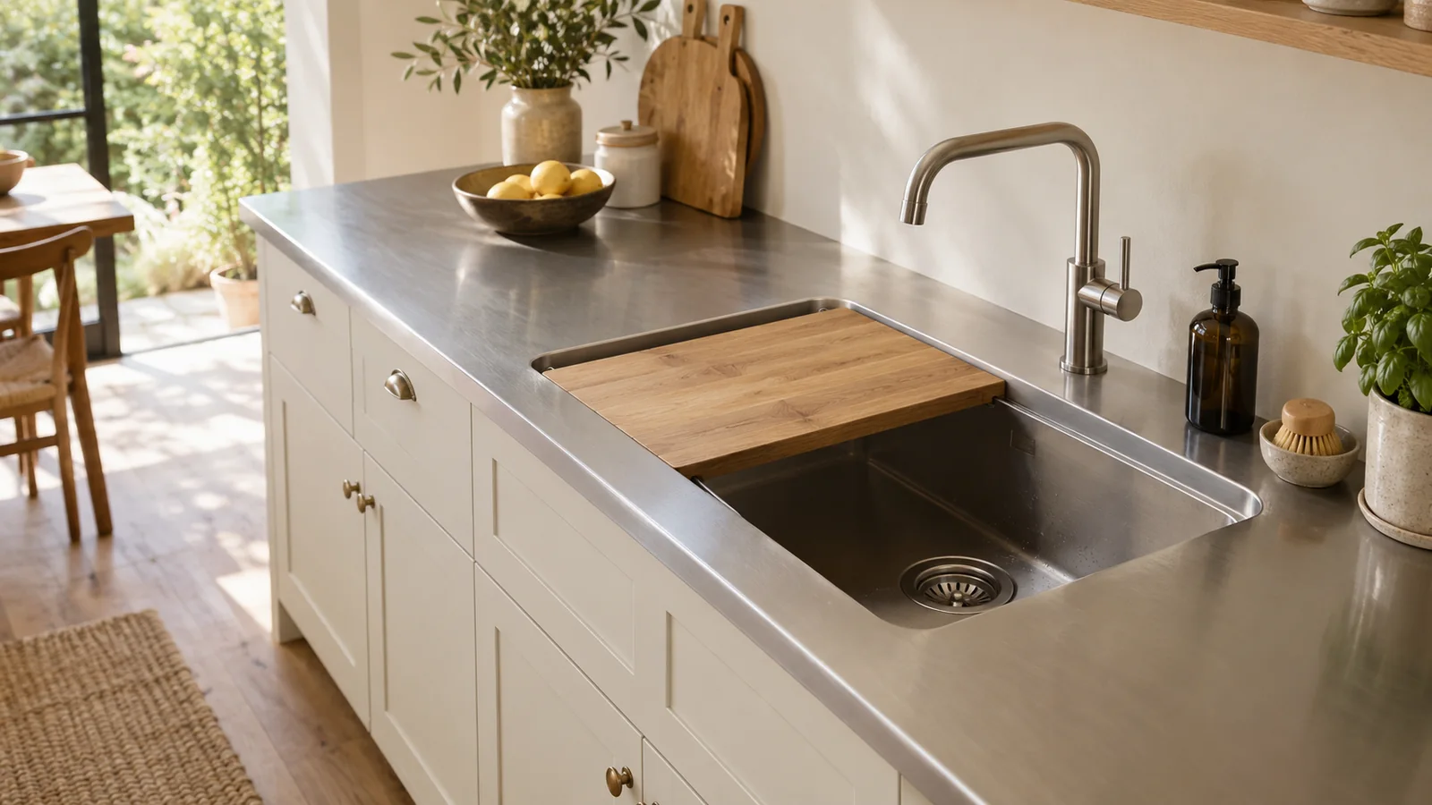 Integrated stainless steel sink with a timber board supported across part of the bowl in a white-front home kitchen.