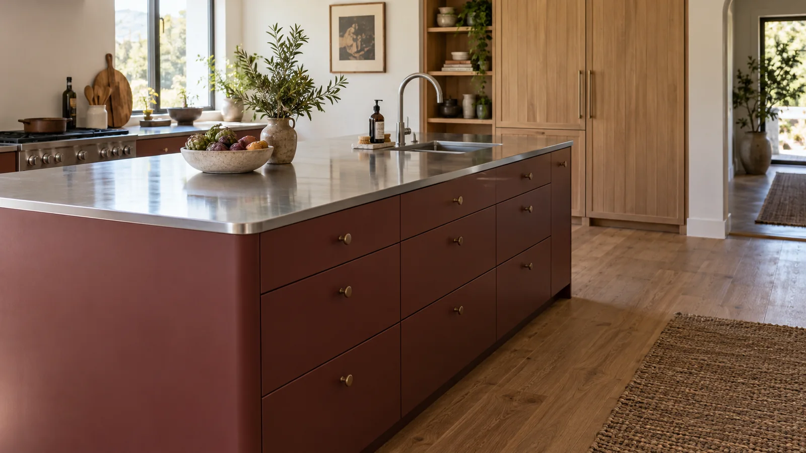 Rounded outside corner of a slim stainless steel peninsula worktop above burgundy residential cabinet fronts.