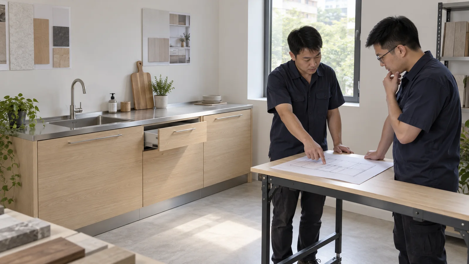Two technicians reviewing a plan beside an oak-front kitchen sample with a stainless worktop.