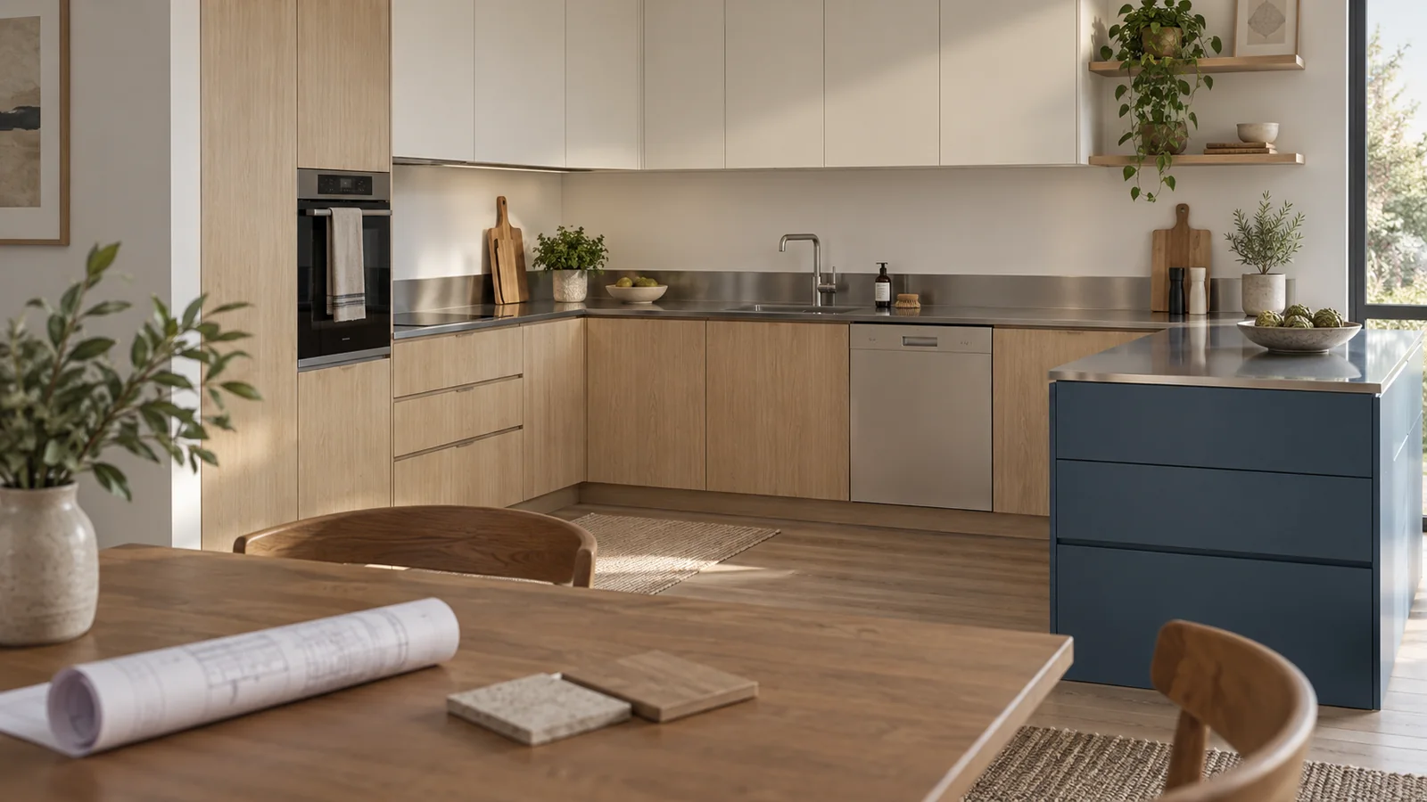 Residential kitchen with oak and blue fronts, stainless worktops and planning samples on a table.