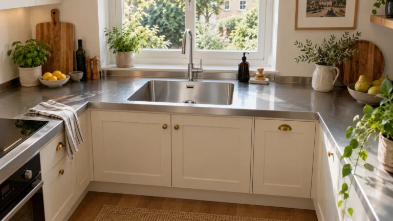 Cream-front home kitchen with a steel worktop and a sink with an upper-wall overflow opening.