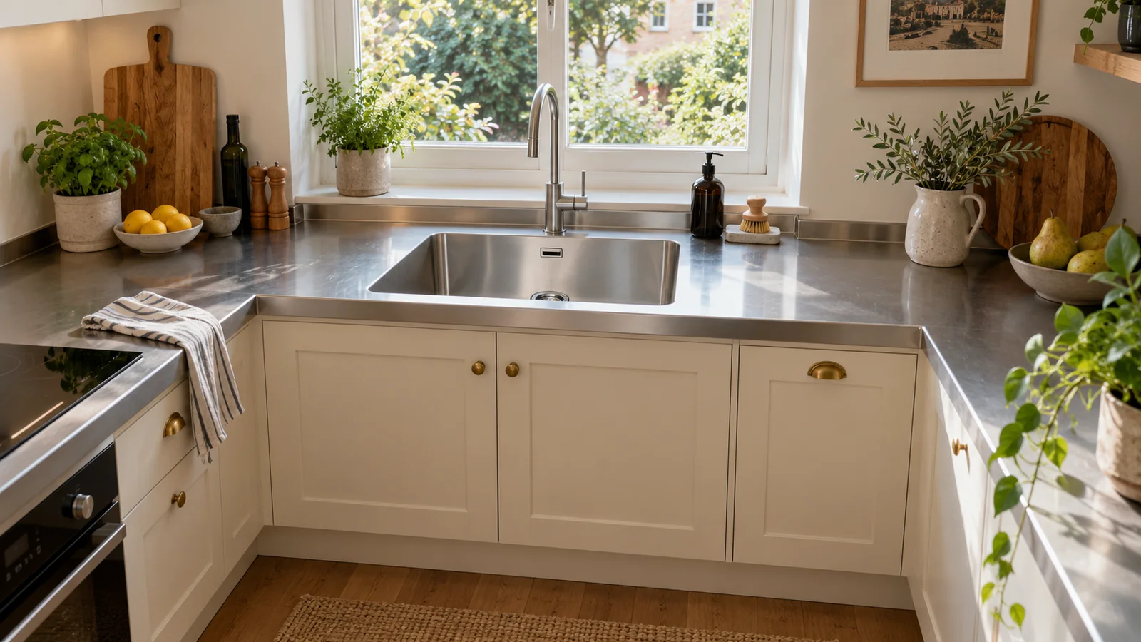 Cream-front home kitchen with a steel worktop and a sink with an upper-wall overflow opening.