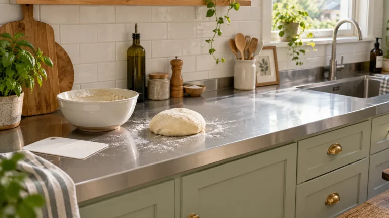 Residential steel preparation worktop with bread dough, a mixing bowl and a plastic dough scraper.