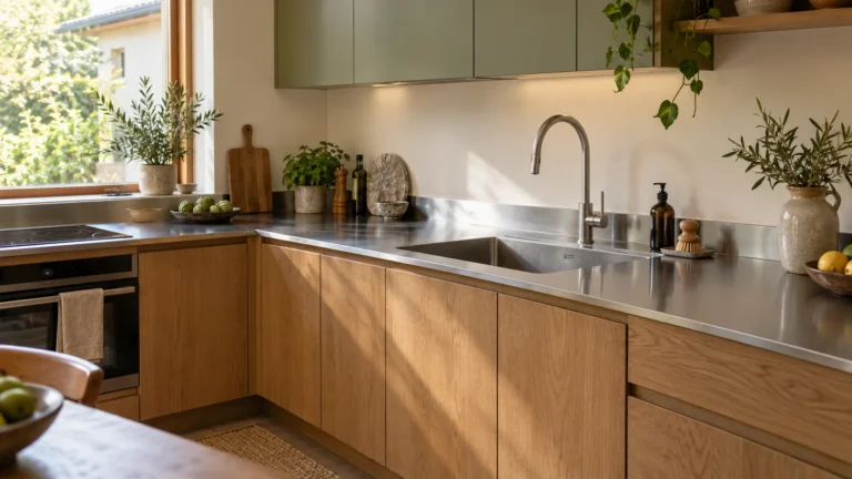 Tall kitchen tap on a satin steel sink deck above warm timber cabinet fronts.