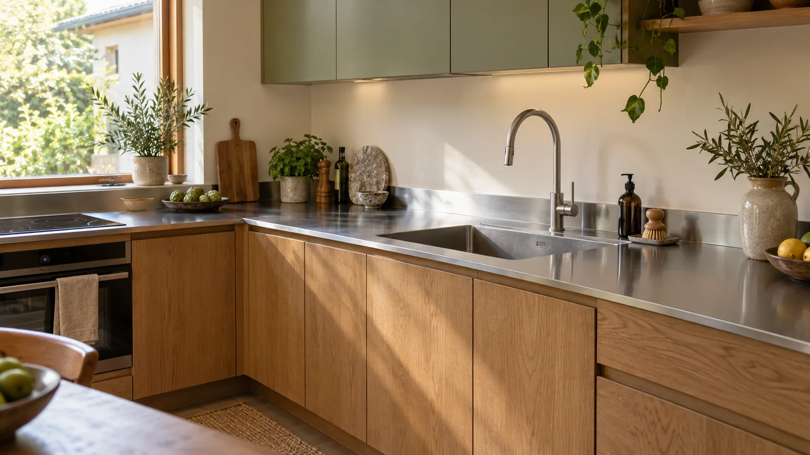 Tall kitchen tap on a satin steel sink deck above warm timber cabinet fronts.