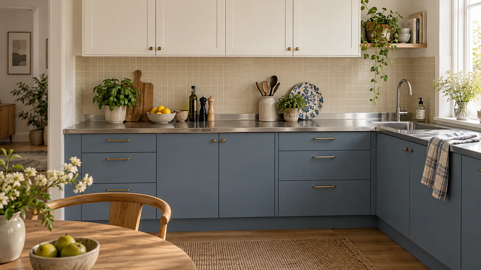 Pale blue residential cabinet fronts beneath a steel worktop meeting a tiled wall.