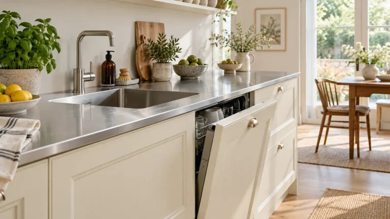 A partially open domestic dishwasher beneath a steel worktop beside cream cabinet fronts.