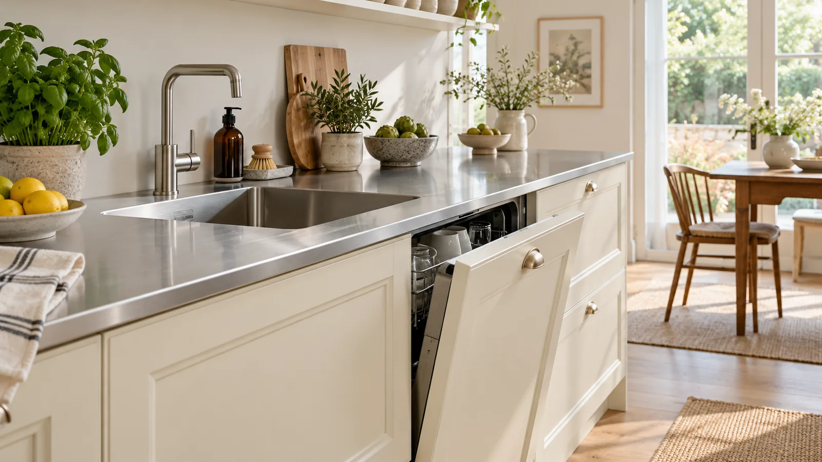 A partially open domestic dishwasher beneath a steel worktop beside cream cabinet fronts.