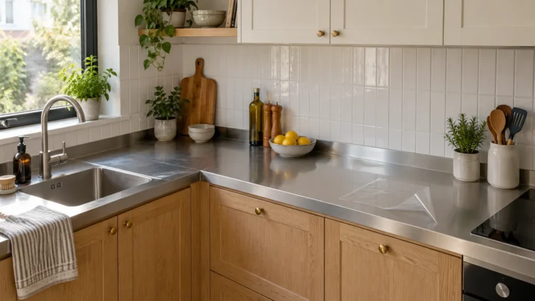Residential kitchen with oak and cream fronts, a steel worktop and a partly lifted protective-film corner.