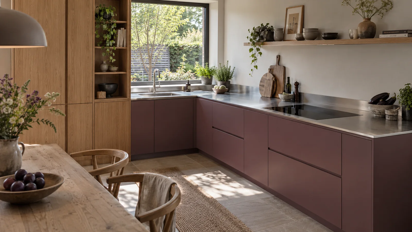 A flush black induction hob in a satin stainless worktop above muted plum cabinet fronts.