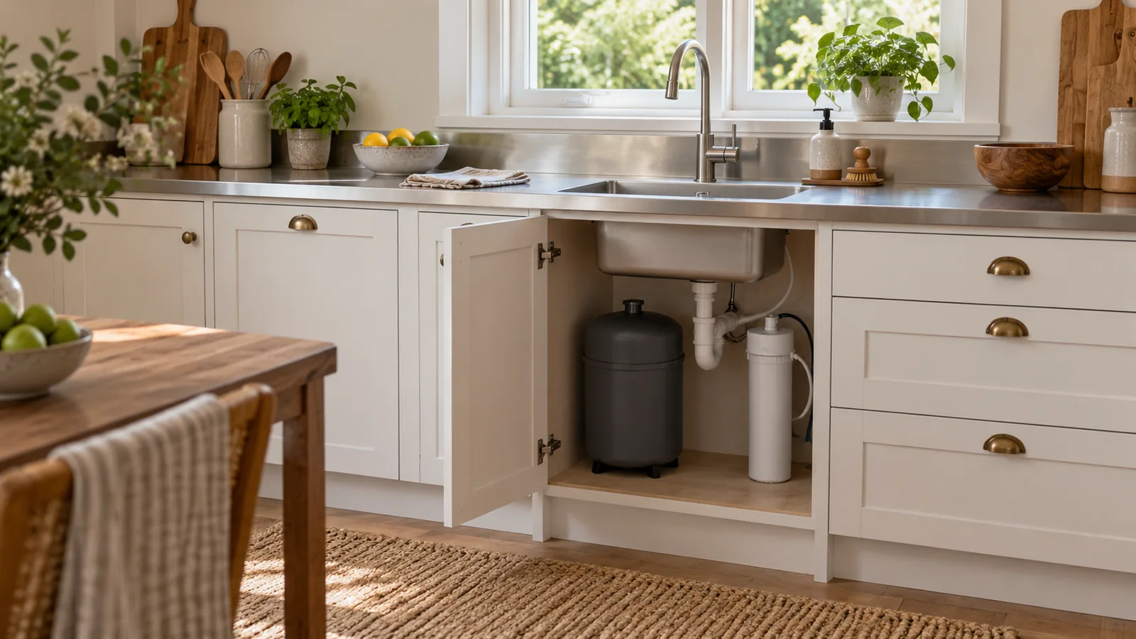 White residential sink cabinet opened to show a generic tank and filter beneath a stainless worktop.