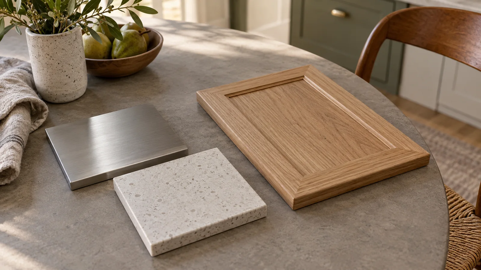 Brushed stainless steel and pale quartz-look samples beside an oak cabinet-front sample.
