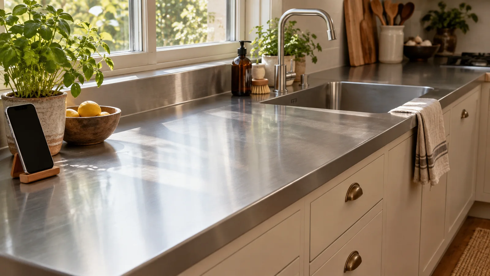 Close view of soft window reflections on a stainless steel worktop beside a freestanding phone.