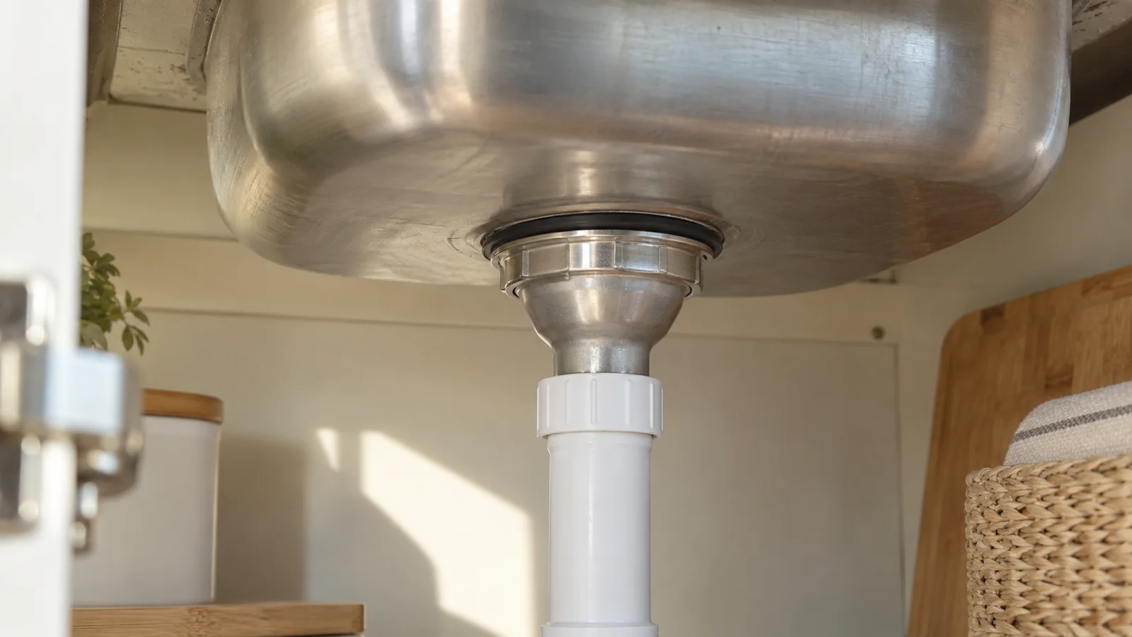 Underside of a stainless steel sink showing the waste body, retaining nut and connected tailpiece.