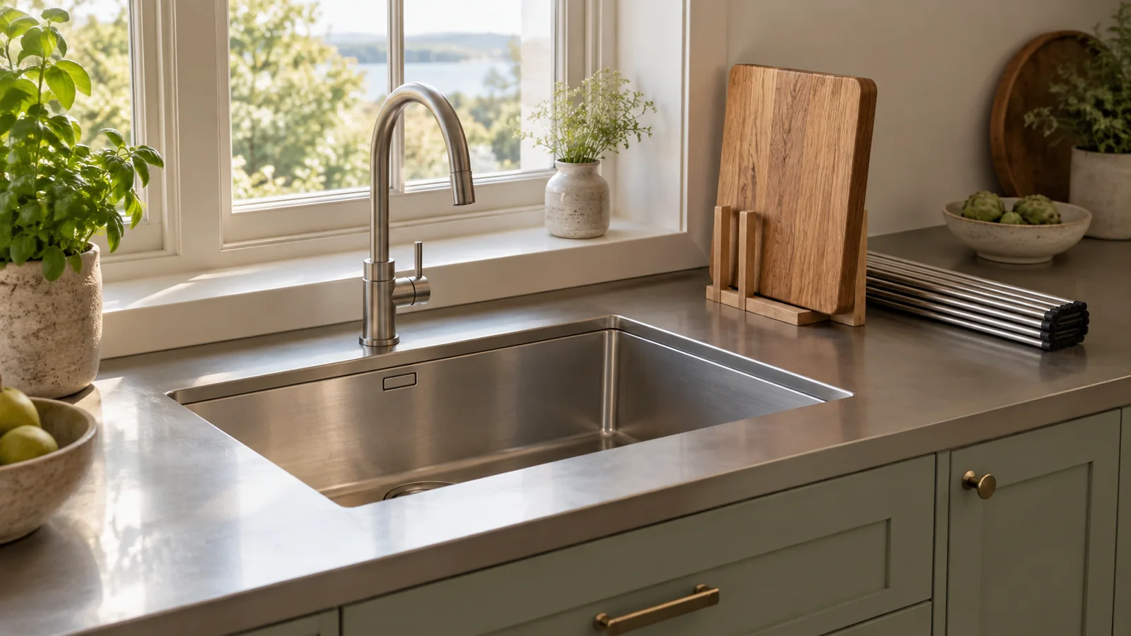 Removable timber board and drying rack stored beside an uncovered stainless steel sink.