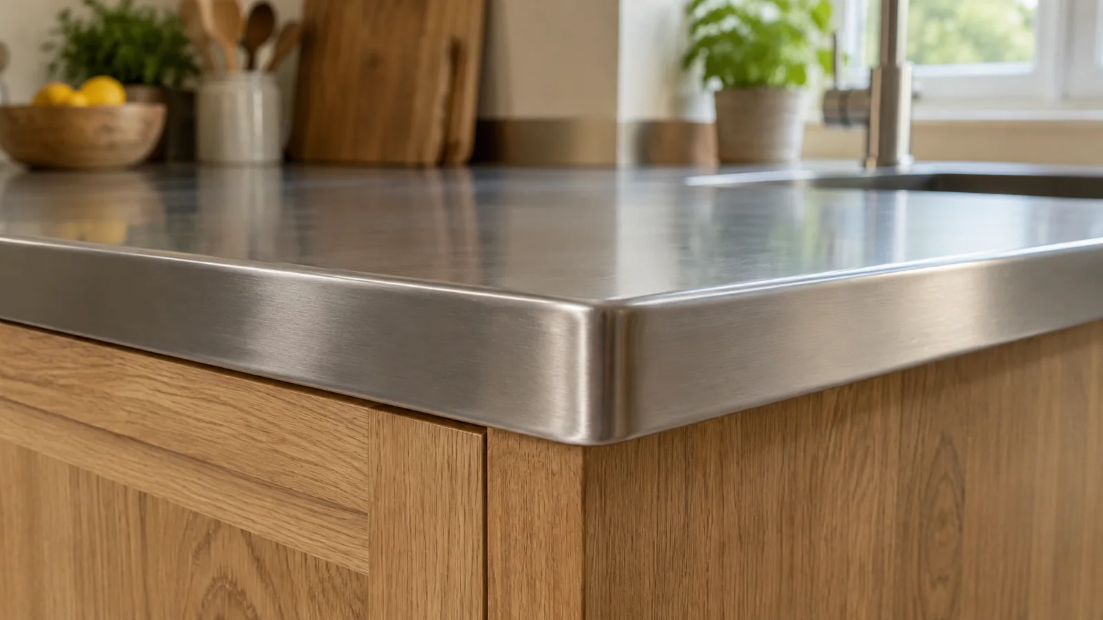 Close view of a finished stainless steel worktop edge and rounded outside corner above a timber end panel.