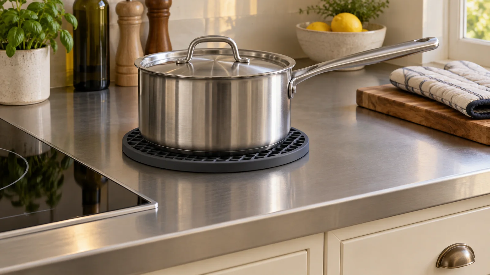 Saucepan base separated from a stainless steel worktop by a broad dark trivet.
