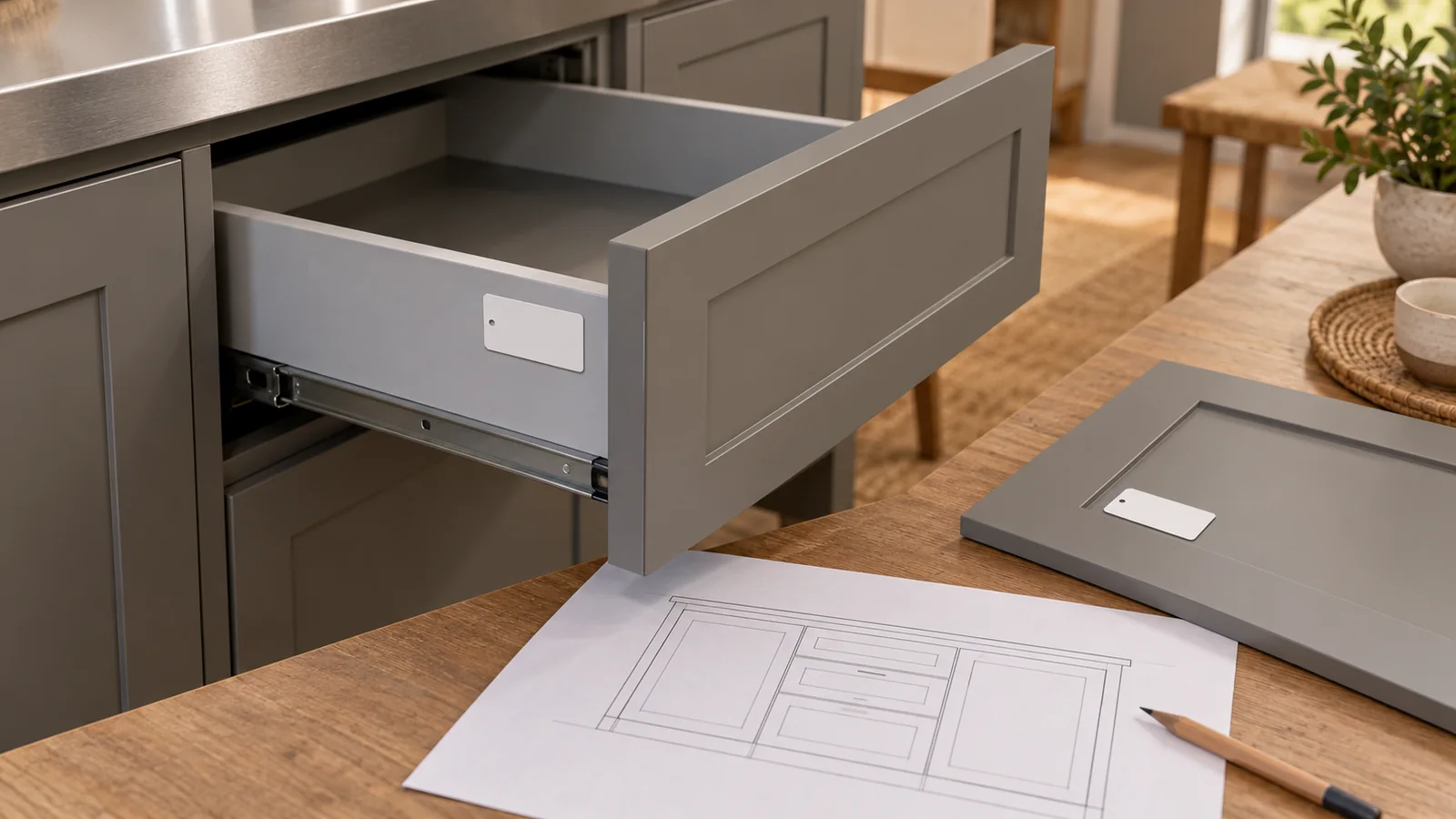 Open grey-front drawer, separate front sample, blank identification tags and cabinet elevation sketch.
