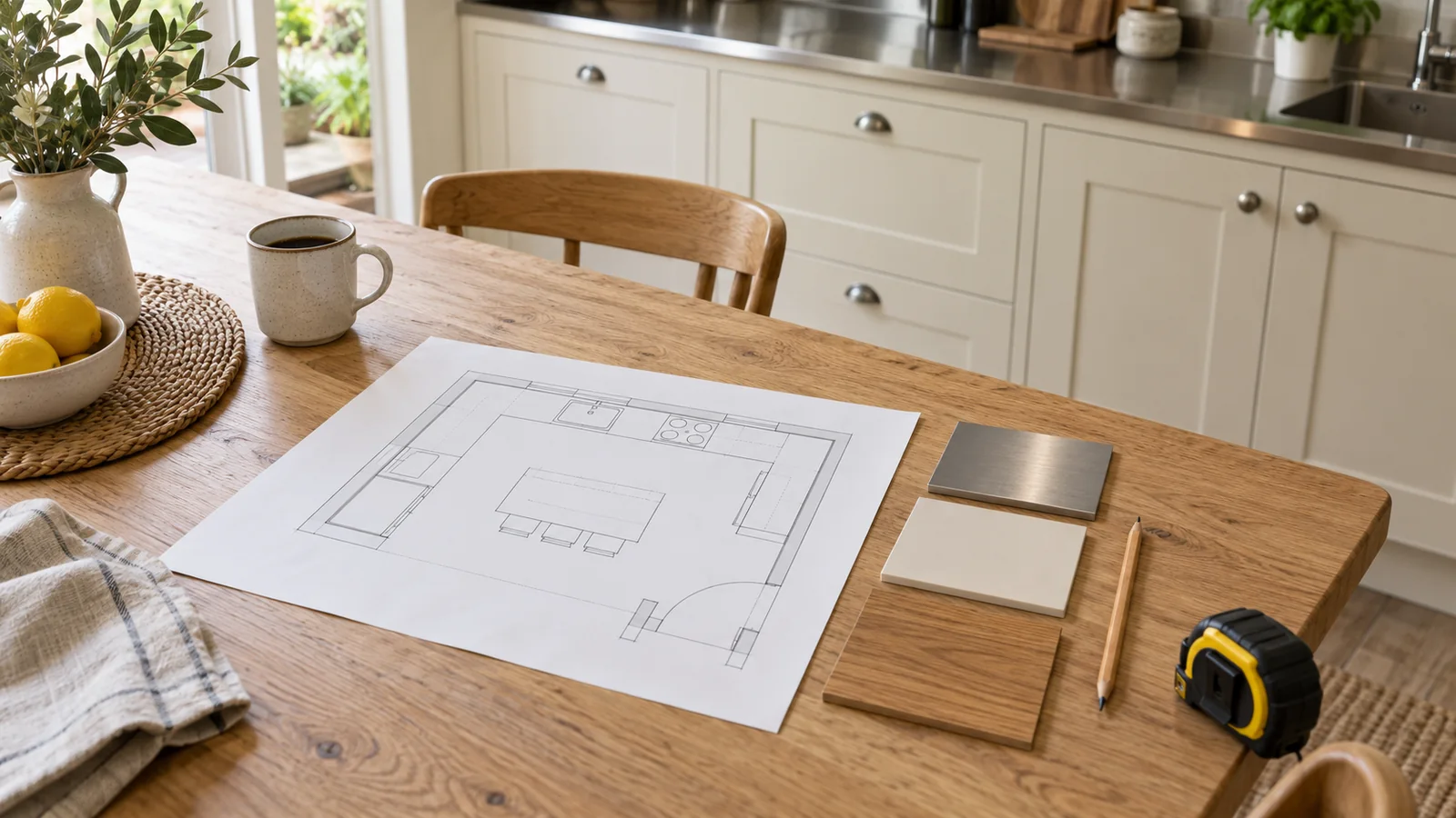 Kitchen layout sketch, tape measure, pencil and three finish samples on a timber table.