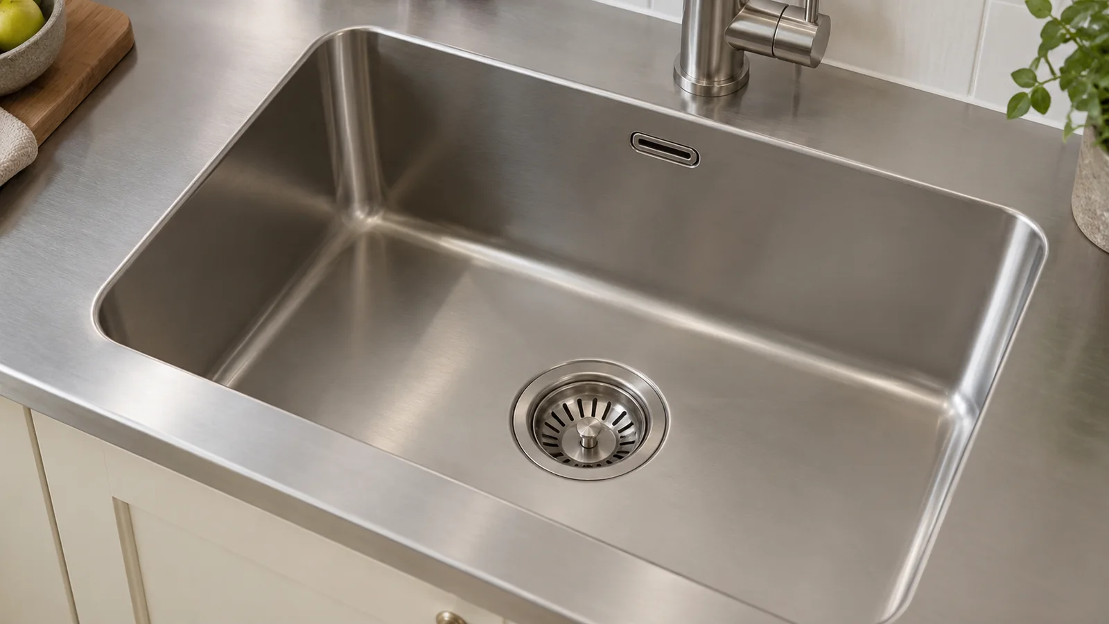 Close view of a small rectangular overflow opening high on a stainless-steel sink wall.