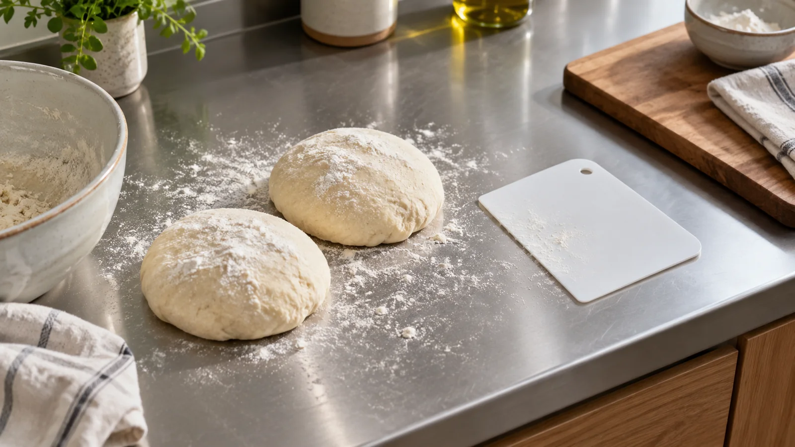 Two dough portions on a lightly floured steel worktop with a food-preparation scraper beside them.