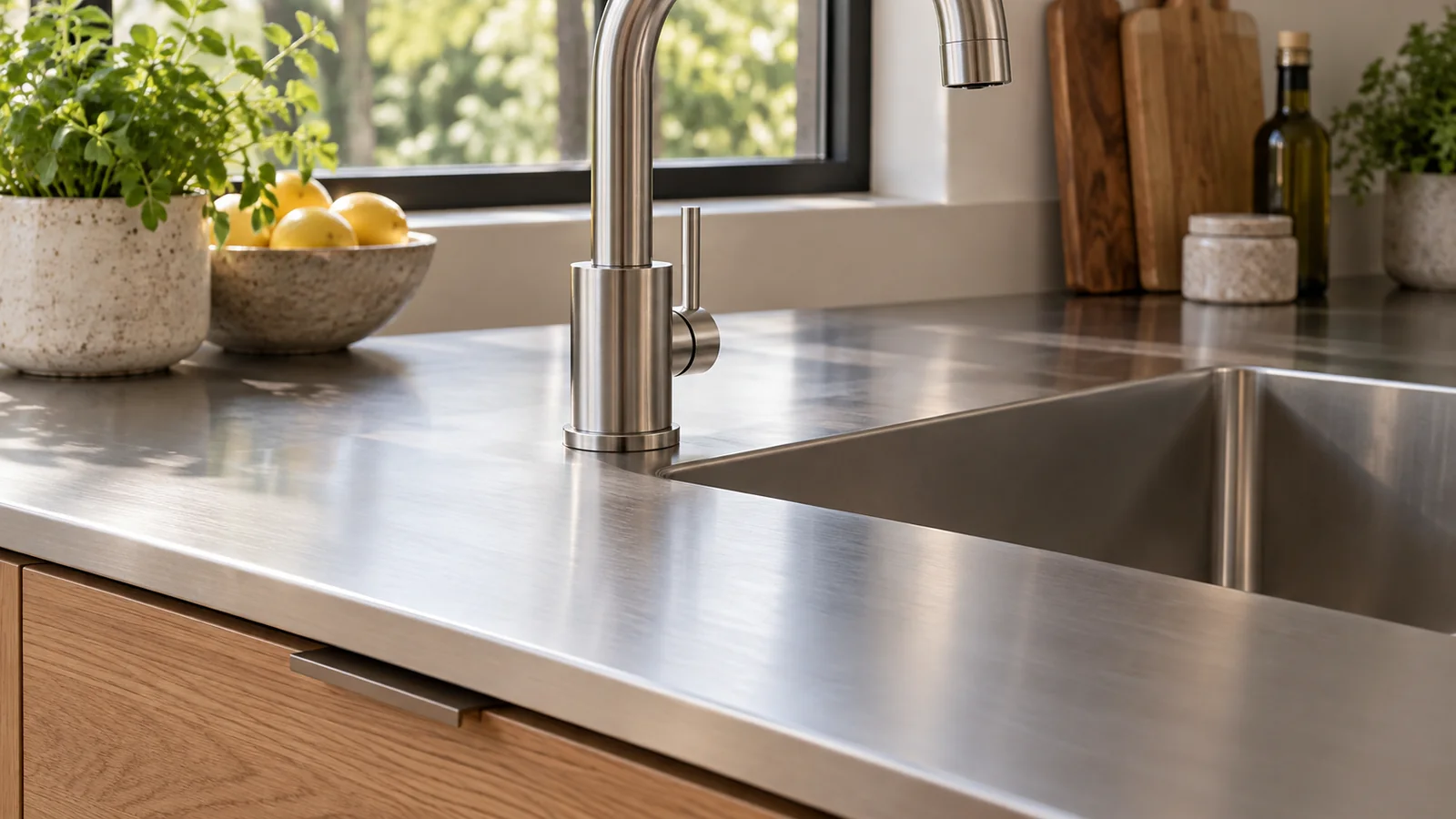 Close view of a kitchen tap base on a satin stainless-steel deck beside a rectangular bowl.