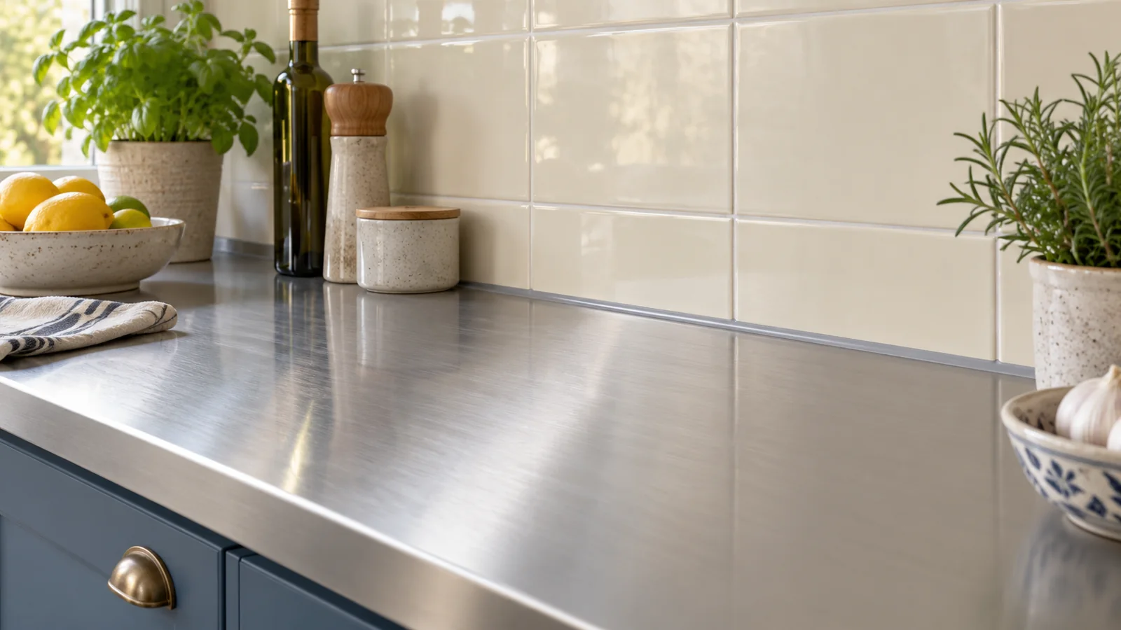 Close view of a neat flexible joint between a brushed steel worktop and pale ceramic wall tiles.