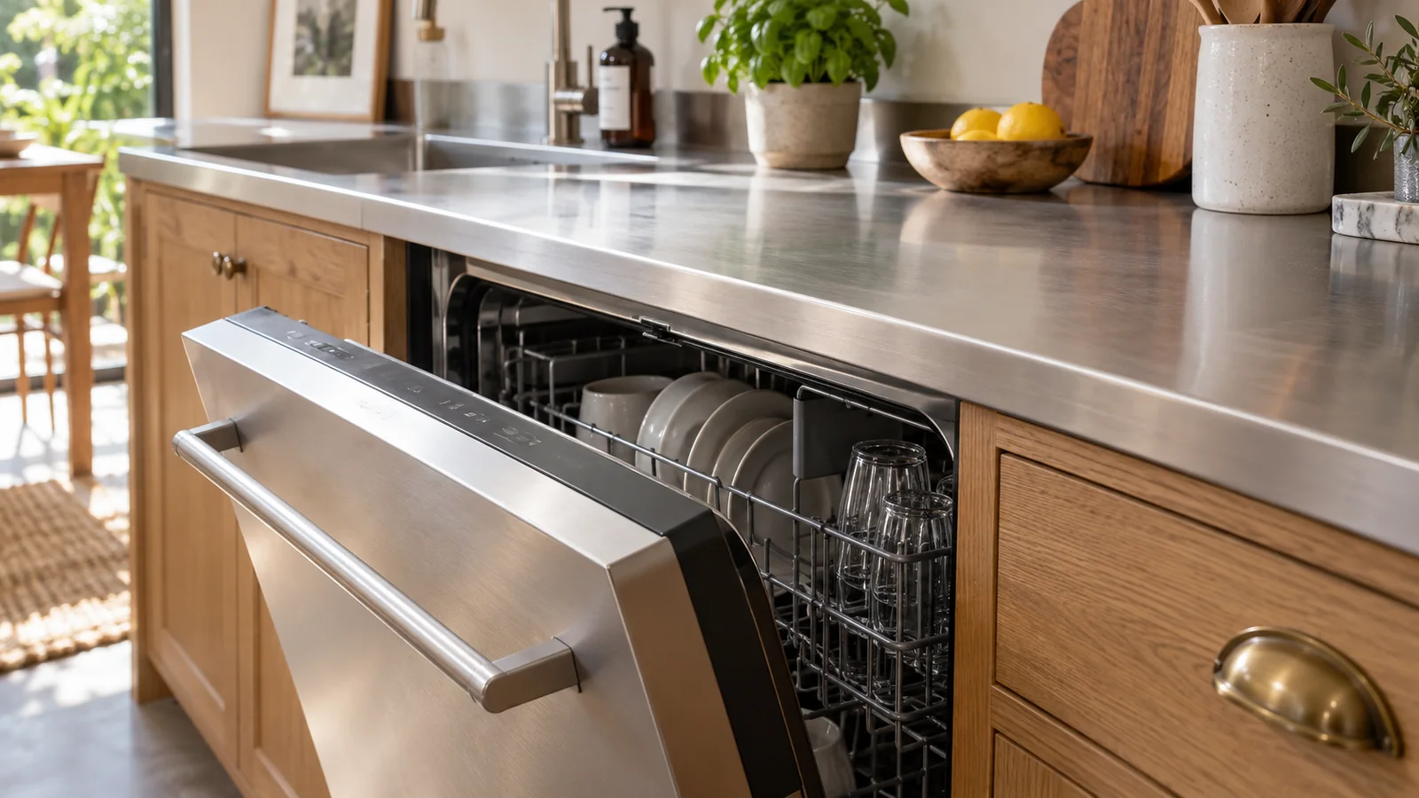 Close view of the steel worktop underside edge over a partially open dishwasher beside a timber front.