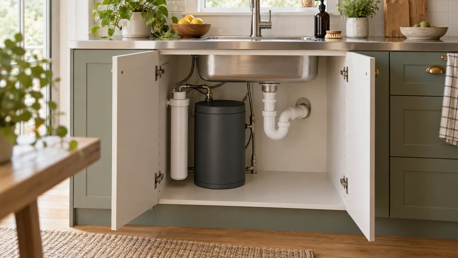 Generic tank and filter alongside a sink waste pipe in an open residential cabinet.